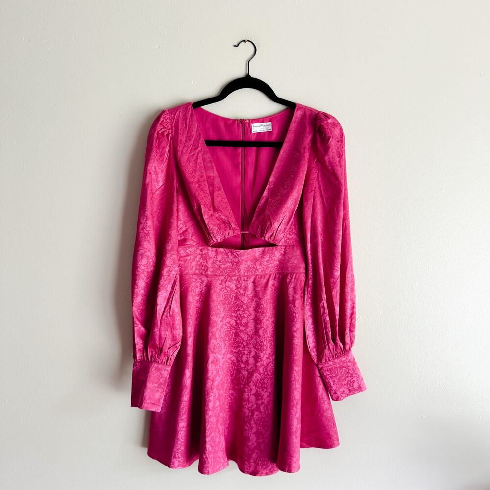 Seven Wonders Pink Floral Rosalia Long Sleeve Plunge Mini Dress Small Girlie